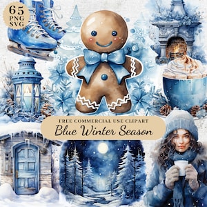 Watercolor Blue Winter Scene Clipart Bundle, Christmas Decorations Clipart, Clipart For Paper Craft, Junk Journal, Transparent PNG SVG