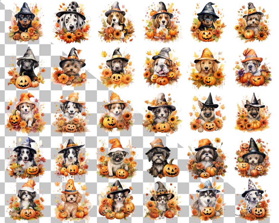 Watercolor Autumn Dog Pumpkin Flowers Clipart, Cozy Fall Clipart Set ...