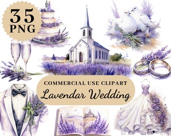 Watercolor Lavendar Wedding Clipart, Wedding Welcome Sign, Lavendars Clipart, Flowers Clipart, Floral Bouquet, Wedding Rings and Cake Topper
