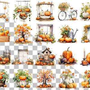 May include: A collection of watercolour illustrations featuring pumpkins in various settings, including a swing, a window, a birdhouse, a fence, and a door. The pumpkins are orange and have green stems. The illustrations are ideal for autumn decor or crafting projects.