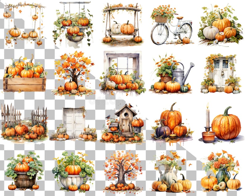 May include: A collection of watercolour illustrations featuring pumpkins in various settings, including a swing, a window, a birdhouse, a fence, and a door. The pumpkins are orange and have green stems. The illustrations are ideal for autumn decor or crafting projects.