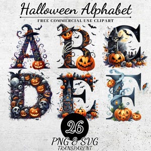 Alfabeto de Halloween aterrador, imágenes prediseñadas, impresiones de Halloween, letras de sublimación espeluznantes de Halloween, fuente de letras del alfabeto de Halloween SVG PNG