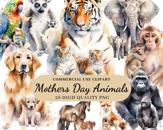 Watercolor Mothersday Animals Clipart, Cute Mother's Day Animals, Animals Overlay, Instant Download, Commercial Use, Scrapbook, Sublimation
