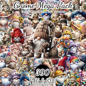 Watercolor Gnome Clipart Bundle, Garden Gnome Flower, Festive Gnome Clipart, Spring Gnome, Digital Clipart Gnome PNG SVG, Needlework Teacher