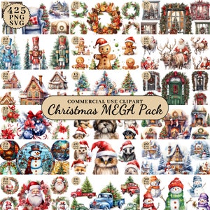 Imágenes prediseñadas de mega paquete de Navidad de acuarela, paquete de imágenes prediseñadas de invierno, decoración de Navidad, imágenes prediseñadas festivas, imágenes prediseñadas de decoraciones navideñas, diario basura