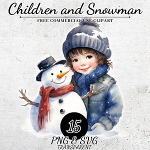 水彩画のクリスマス雪だるまと子供のクリップアート、クリスマスの飾りのクリップアート、お祭りのクリップアート、冬の飾り、デジタル工芸品のデザイン