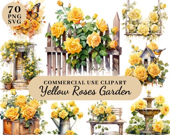 Puede incluir: Un conjunto de 70 imágenes prediseñadas digitales de rosas amarillas en un entorno de jardín. Las rosas están dispuestas en varios ramos, coronas y escenas de jardín. El conjunto incluye una valla de madera, una casita para pájaros, una fuente y un banco.  COMMERCIAL USE CLIPART Yellow Roses Garden