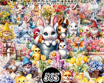 Watercolor Spring Garden Clipart Bundle PNG SVG, Spring Decorations Clipart, Watercolor Spring Bunny Clipart, Spring Flower Clipart Bundle