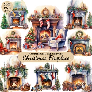 Imágenes prediseñadas de chimenea de Navidad de acuarela, imágenes prediseñadas de decoraciones navideñas, chimenea de decoración, imágenes prediseñadas de chimenea de Navidad acogedoras