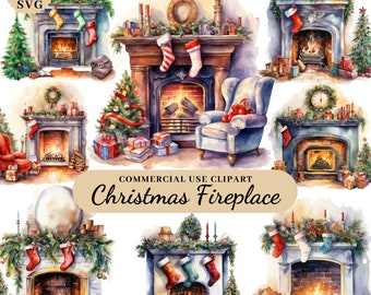 Watercolor Christmas Fireplace Clipart, Christmas Decorations Clipart, Decorating Fireplace, Cozy Christmas Fireplace Clipart