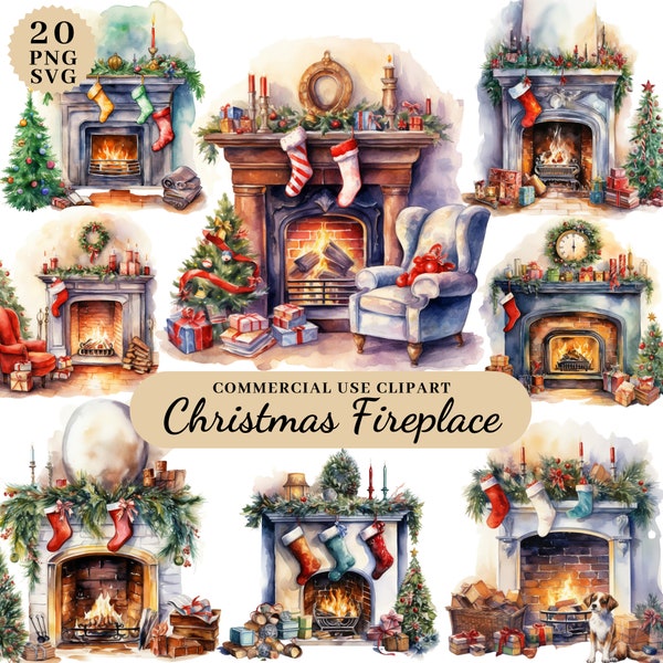 Watercolor Christmas Fireplace Clipart, Christmas Decorations Clipart, Decorating Fireplace, Cozy Christmas Fireplace Clipart