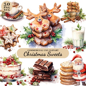 Clipart di dolci e biscotti natalizi ad acquerello, clipart di decorazioni natalizie, set di clipart di cioccolata calda, caramelle natalizie, pan di zenzero
