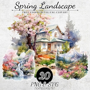 Watercolor Spring Landscape Clipart, Spring Decoration Clipart, Spring Floral Sublimation Printable with Commercial Use, Transparent PNG SVG