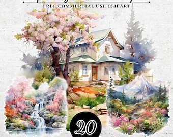 Watercolor Spring Landscape Clipart, Spring Decoration Clipart, Spring Floral Sublimation Printable with Commercial Use, Transparent PNG SVG