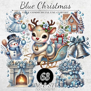 Bundle de cliparts Noël bleu, vacances d'hiver Clipart PNG, sapin de Noël enneigé en téléchargement numérique, aquarelle Noël Clipart PNG