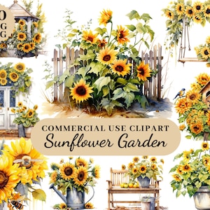 Clipart de jardim de girassol em aquarela, clipart de casamento, clipart de girassol botânico, arte artística de girassol, clipart de girassóis, buquê floral