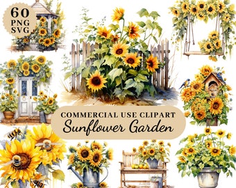 Watercolor Sunflower Garden Clipart, Wedding Clipart, Botanical Sunflower Clipart, Sunflower Artful Art, Sunflowers Clipart, Floral Bouquet