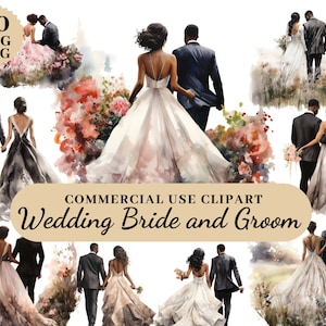 Clipart aquarela de noiva e noivo, clipart de convites de casamento, clipart de dia de casamento PNG SVG Clipart de recém-casado, dia de casamento, obrigado