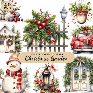 Clipart de jardín navideño de acuarela, clipart de decoraciones navideñas, clipart de invierno navideño, clipart de vacaciones de invierno, clipart lindo de invierno