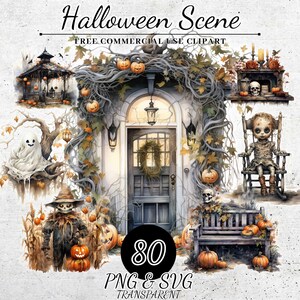 Könnte beinhalten: Eine Aquarell-Illustration einer Halloween-Szene mit einer gruseligen Tür, einem Geist, einer Vogelscheuche, einer Bank und Kürbissen. Die Szene spielt vor einem Haus mit einer Veranda und einem Kranz an der Tür. Die Illustration ist im Vintage-Stil gehalten und perfekt für Halloween-Dekorationen.