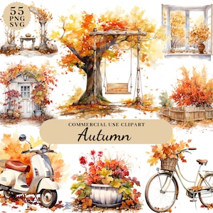 Aquarela outono cenário clipart pacote transparente PNG SVG outono flores outono arte de parede digital download instantâneo para uso comercial