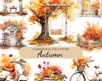 Watercolor Fall Scenery Clipart Bundle Transparent PNG SVG Autumn Flowers Fall Wall Art Digital Instant Download For Commercial Use