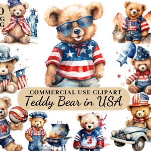 Ours en peluche patriotique aquarelle aux États-Unis Clipart, fête de l'indépendance américaine, décorations d'ours, décor de pépinière, sublimation d'ours en peluche
