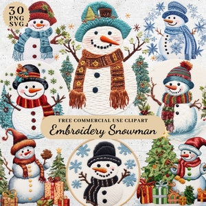 Imágenes prediseñadas de muñecos de nieve bordados, imágenes prediseñadas de decoraciones navideñas, creación de tarjetas, diseños de manualidades digitales, manualidades de papel navideñas, PNG SVG transparente