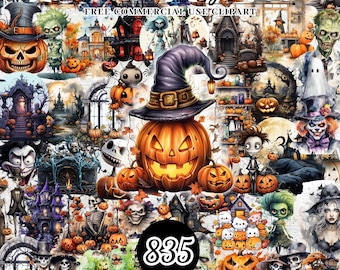 Aquarell Halloween Clipart Mega Bundle, Gruselige Halloween Cliparts, Digital Junk Journal Halloween, Happy Halloween Clipart, kommerzielle Nutzung