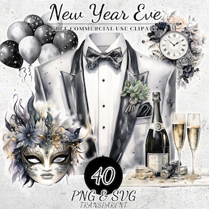 Aquarel gelukkig Nieuwjaar clipart, zilveren nieuwjaarsversieringen PNG SVG, New Years Party Decor, New Years Eve digitale download, Paper Craft