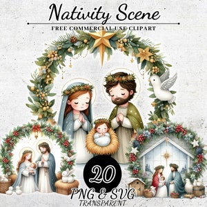 Aquarell Weihnachtskrippe Clipart, religiöse Heilige Familie Handwerk und Dekor, transparente PNG, SVG Sublimation Design, Scrapbooking