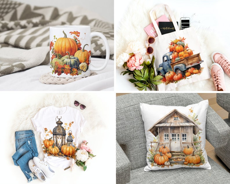 May include: A set of four autumn-themed home decor items featuring pumpkins, leaves, and a rustic cabin. The set includes a white ceramic mug with a pumpkin and leaf design, a white tote bag with a truck carrying pumpkins, a white t-shirt with a lantern and pumpkins, and a white cushion with a rustic cabin and pumpkins.