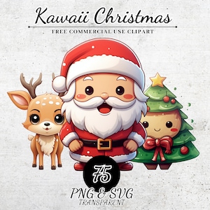 Weihnachten Kawaii Clipart Bundle, 75 süße Weihnachtsgrafiken, Frohe Weihnachten Clipart, Transparente PNG und SVG Perfekt für die Sublimation