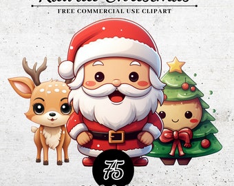 May include: Kawaii Christmas clipart featuring a red-suited Santa Claus with a white beard, a brown reindeer with white spots, and a green Christmas tree with a red bow. The text "75 PNG & SVG TRANSPARENT" is at the bottom of the image.