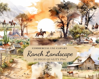 26 PNG Watercolor Ranch Landscapes Clipart, Western Landscape Scenes Watercolor, Transparent PNG, Instant Download, Commercial Use