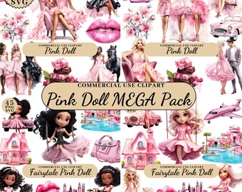 Watercolor Fashion Pink Dolls Clipart BUNDLE, Princess Doll Clipart, Barb Clipart, Girls Decor Clipart, Pink Fashion Doll Graphics