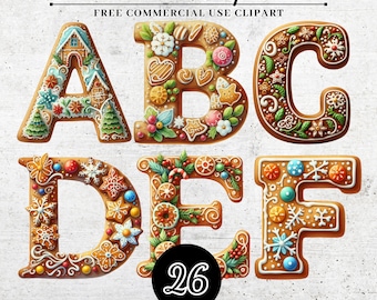 Weihnachten Lebkuchen Alphabet Clipart, Retro Weihnachtssublimationsbriefe, Weihnachtsschrift PNG SVG, digital herunterladbares Alphabet