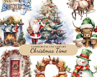 Watercolor Christmas Holiday Clipart, Christmas Decorations Clipart, Winter Clipart, Cozy Christmas Fireplace Clipart, Xmas Decor