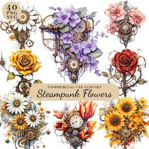 Aquarel Steampunk bloemboeket clipart bundel, Steampunk Fantasy clipart, downloadbare clipart Steampunk, Steampunk Rose zonnebloem