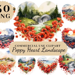 50 Mohn Blumen Clipart Landschaft Aquarell Blumen Bündel, Mohn Kranz Clipart, Geburtsblume Clipart, kunstvolle Kunst Clipart, kommerzielle Nutzung