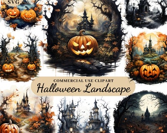 Watercolor Halloween Landscape Clipart Bundle, Scary Halloween Clipart, Digital Junk Journal Halloween Happy Halloween Clipart