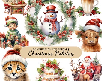 Watercolor Winter Christmas Clipart, Christmas Decorations Clipart, Winter Clipart, Christmas Holiday Clipart, Digital Christmas Clipart