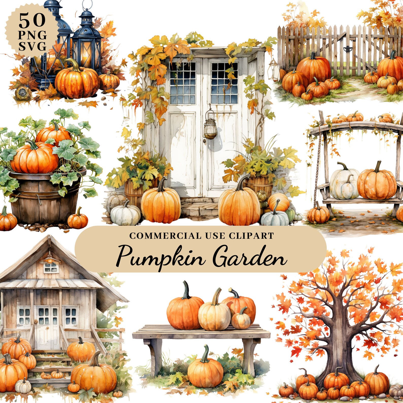 Watercolor Pumpkin Garden Clipart Bundle, Fall Scences Clipart, Autumn ...