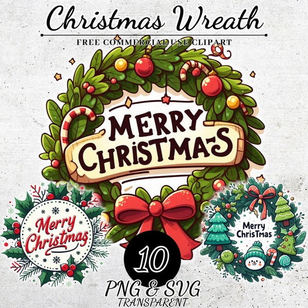 Watercolor Christmas Wreath Clipart, Christmas Wreath Decorations Clipart, Merry Christmas Clipart, Christmas Clipart Download PNG and SVG