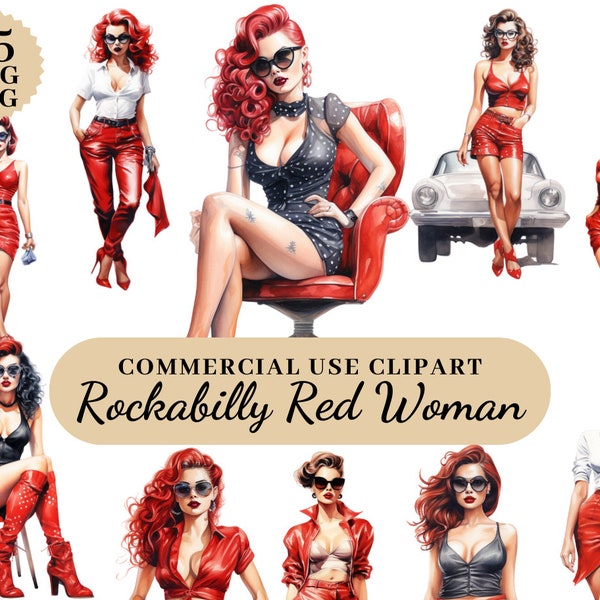 Rockabilly Red Woman Watercolor Clipart Bundle, Pin Up Girl Clipart, Retro Girl, 1950s Vintage Retro Files, Transparent PNG SVG