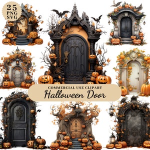 Watercolor Halloween Pumpkin Door Clipart Bundle, Scary Halloween Clipart, Digital Junk Journal Halloween, Happy Halloween Clipart