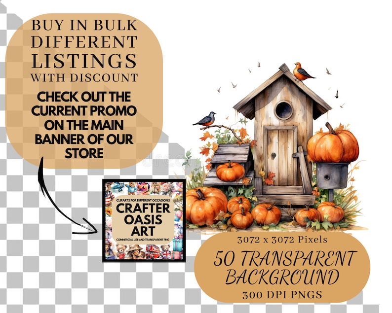 May include: 50 digital clipart images of a rustic birdhouse with pumpkins and autumn foliage. The birdhouse is brown with a wooden door and a round window. The pumpkins are orange and the leaves are red, orange, and yellow. The text "CRAFTER OASIS ART" is visible on the image.