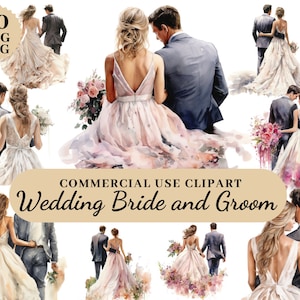 Aquarell Land Braut und Bräutigam Rücken Bundle Clipart, Hochzeit lädt Clipart, Hochzeit Tag Clipart PNG SVG, Just Married Clipart