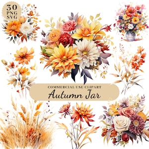 Clipart de fleurs d'automne aquarelle, fleurs de mariage automnales, Bouquet de fleurs séchées automnales, fleurs du mois de naissance, PNG Transparent SVG