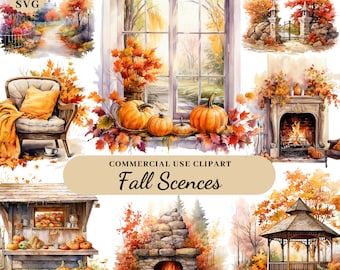 Watercolor Fall Scences Clipart Bundle, Autumn Fall Farmhouse, Cozy Fall Clipart Set, Autumn Cottage Clipart, Transparent PNG SVG